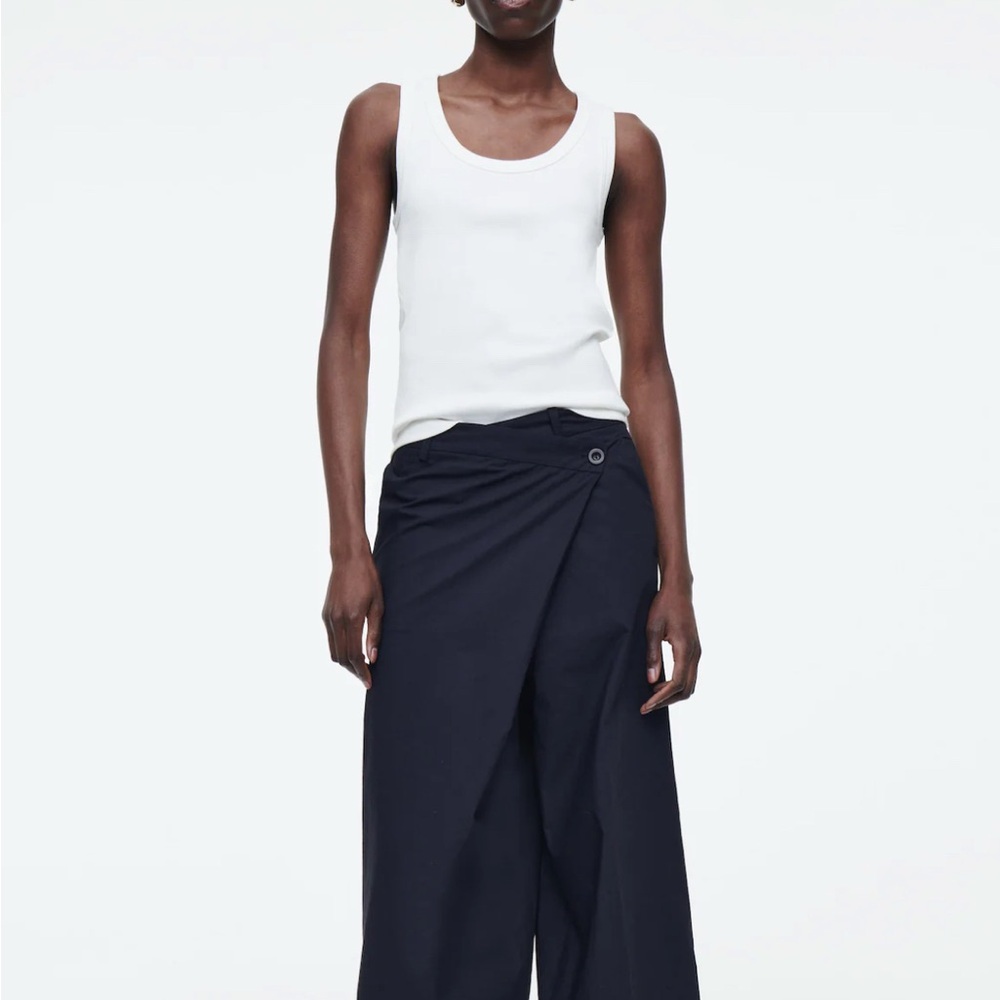 Wide leg wrap front navy blue poplin pants